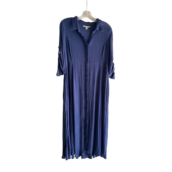 Woman Within Size 14W Blue Button-Front Maxi Dress Roll-Tab Sleeves - Picture 6 of 9